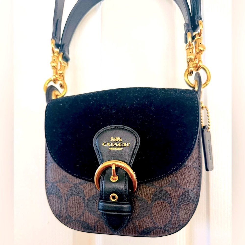 Coach Brown and Black Signature Leather Shoulder Bag with Gold Hardware